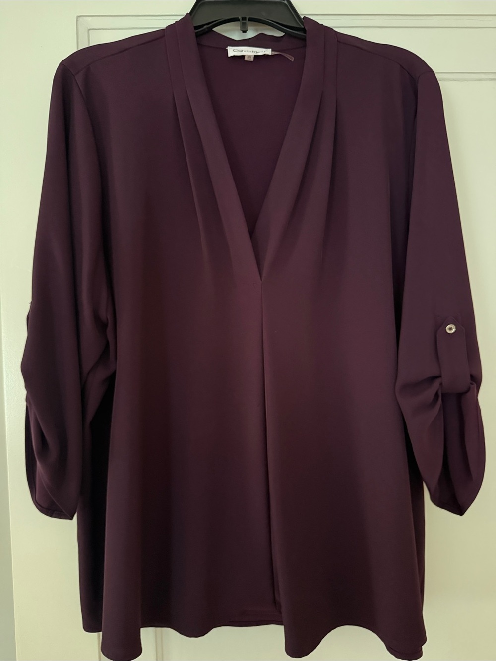 Calvin Klein 1X Plum Blouse | Roll Tab Sleeve V-Neck Workwear Top
